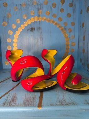 Julian Hakes Red Curved Sculptural Heels - Bold Red and Yellow